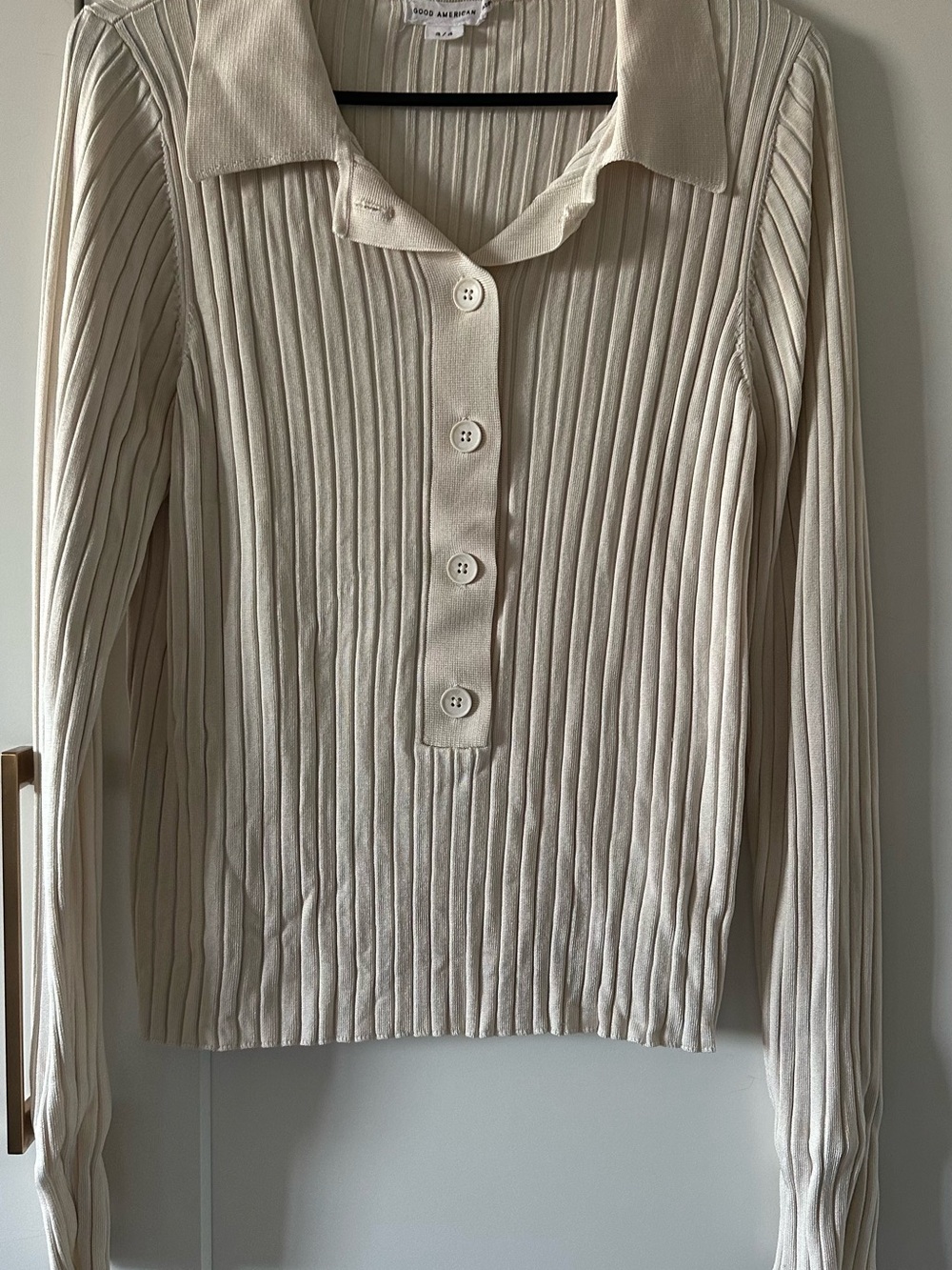 Good American Cream Ribbed Button Polo Top